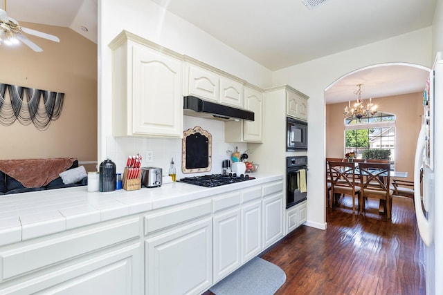 2955 E Christopher, Fresno, CA 93720 - kitchen with dark wood-style flooring, arched walkways, tasteful backsplash, under cabinet range hood, and black appliances