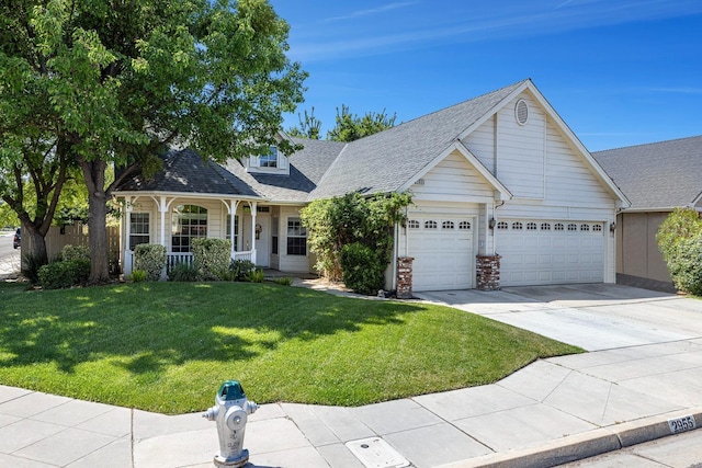2955 E Christopher, Fresno, CA 93720 - view of front facade featuring a garage, a front lawn, a shingled roof, concrete driveway, and a porch