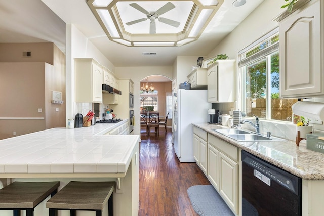 2955 E Christopher, Fresno, CA 93720 - kitchen with visible vents, a sink, black appliances, ceiling fan with notable chandelier, and a wealth of natural light