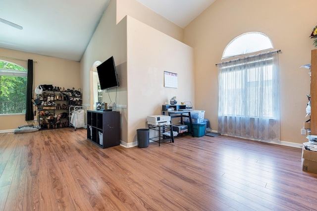 2955 E Christopher, Fresno, CA 93720 - interior space featuring baseboards, wood finished floors, and high vaulted ceiling