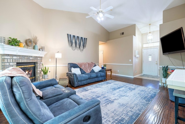 2955 E Christopher, Fresno, CA 93720 - living room featuring high vaulted ceiling, a ceiling fan, baseboards, wood finished floors, and visible vents