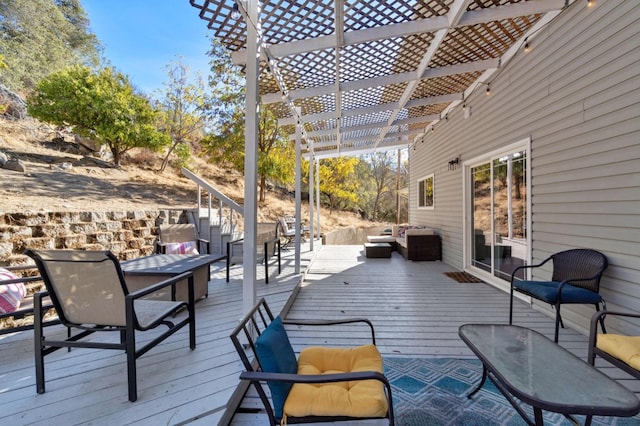 43299 Ranger Circle Dr, Coarsegold, CA 93614 - wooden terrace featuring stairs, outdoor lounge area, and a pergola