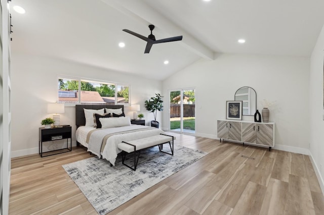 2044 W San Bruno Ave, Fresno, CA 93711 - bedroom with access to outside, recessed lighting, vaulted ceiling with beams, and light wood-type flooring