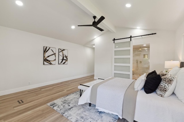 2044 W San Bruno Ave, Fresno, CA 93711 - bedroom featuring lofted ceiling with beams, a barn door, recessed lighting, baseboards, and wood finished floors