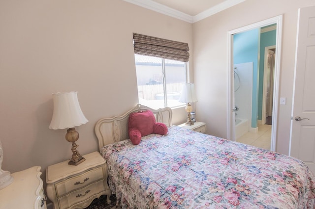 bedroom with light tile patterned floors, ensuite bathroom, and ornamental molding