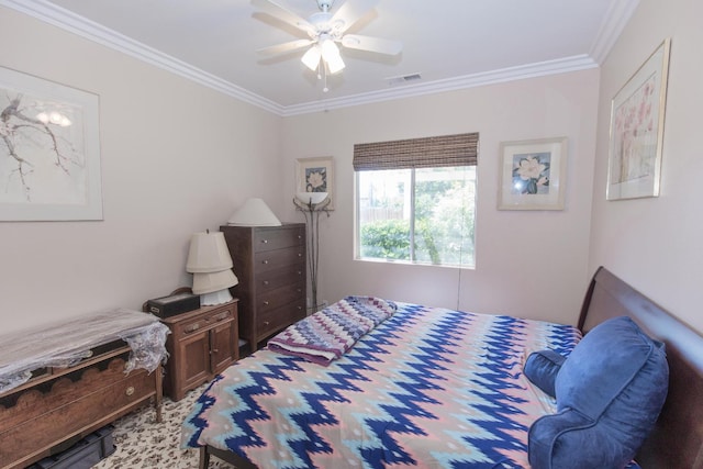 bedroom featuring ceiling fan, ornamental molding, and visible vents