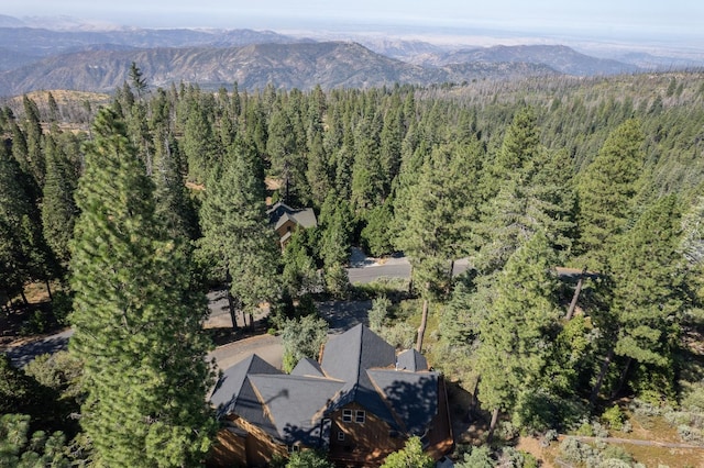 aerial view featuring a mountain view and a view of trees