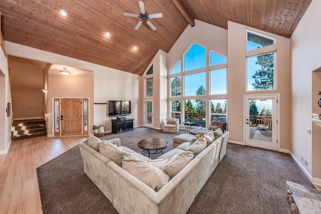 living area featuring a ceiling fan, baseboards, high vaulted ceiling, and wood ceiling