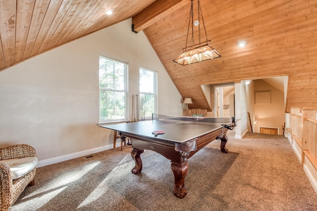rec room featuring carpet, wooden ceiling, baseboards, and lofted ceiling with beams