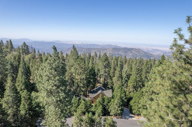 drone / aerial view with a mountain view and a forest view