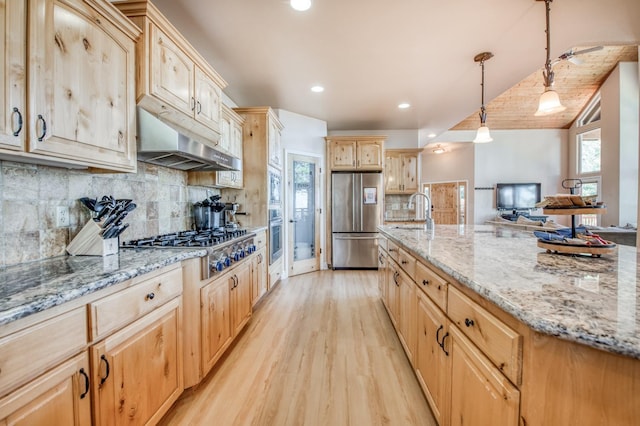 kitchen with a sink, stainless steel appliances, light brown cabinetry, and plenty of natural light