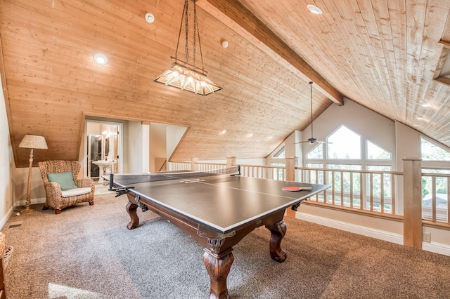 recreation room with wooden ceiling, lofted ceiling with beams, carpet floors, and baseboards