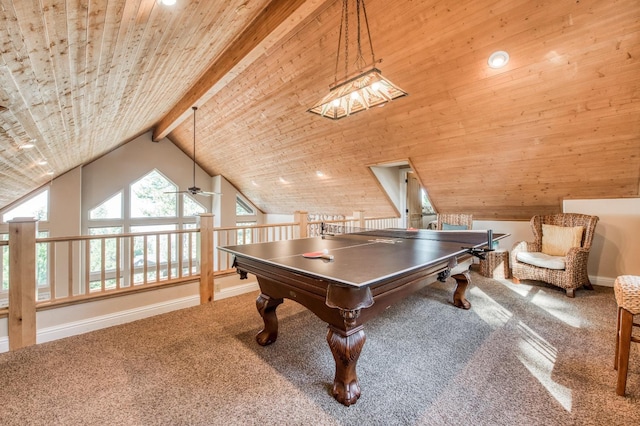 rec room featuring carpet flooring, a ceiling fan, baseboards, wooden ceiling, and vaulted ceiling