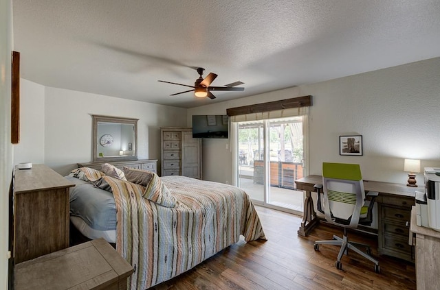 bedroom with a ceiling fan, access to outside, a textured ceiling, and wood finished floors