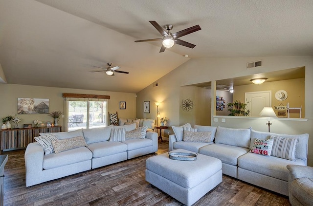 living area with ceiling fan, lofted ceiling, visible vents, and wood finished floors