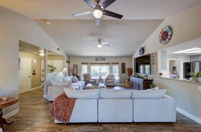 living room with lofted ceiling, baseboards, visible vents, ceiling fan, and dark wood-style floors