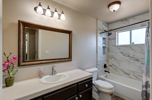 full bathroom with backsplash, shower / tub combo with curtain, vanity, and toilet