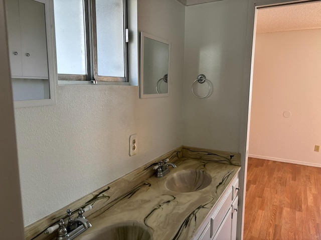 bathroom featuring double vanity, a sink, and wood finished floors