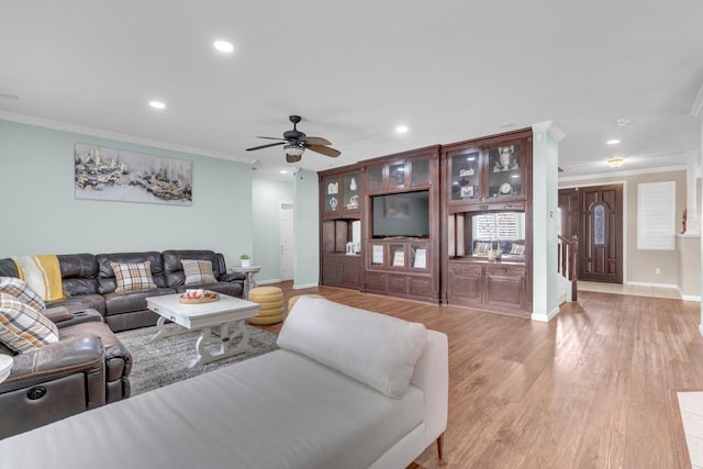 2776 Keats Ave, Clovis, CA 93611 - living area featuring a ceiling fan, light wood-style flooring, recessed lighting, baseboards, and ornamental molding