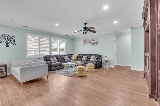 2776 Keats Ave, Clovis, CA 93611 - living area with ornamental molding, light wood-type flooring, recessed lighting, ceiling fan, and baseboards