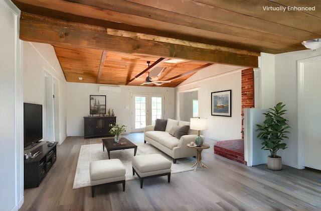 living room featuring wood ceiling, wood finished floors, and lofted ceiling with beams