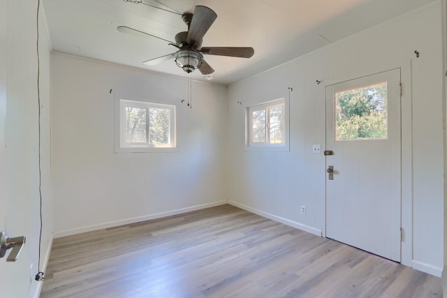 entryway with plenty of natural light, baseboards, a ceiling fan, and light wood-style floors