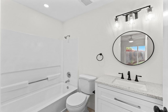 full bathroom featuring vanity, toilet, visible vents, and shower / bathing tub combination