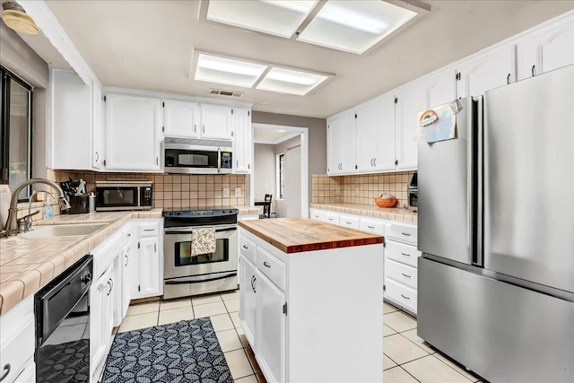 kitchen with a sink, white cabinets, backsplash, appliances with stainless steel finishes, and butcher block counters