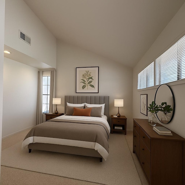 7093 N Teilman Unit 102, Fresno, CA 93711 - bedroom featuring light carpet, multiple windows, vaulted ceiling, and baseboards
