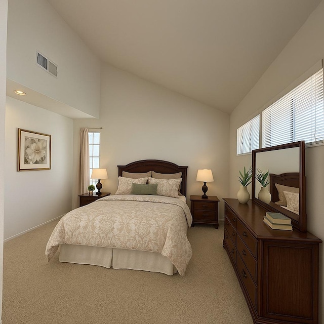 7093 N Teilman Unit 102, Fresno, CA 93711 - bedroom with light carpet, lofted ceiling, multiple windows, and baseboards