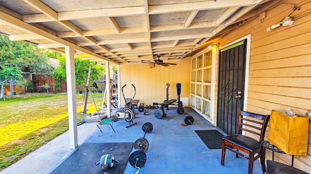 view of patio / terrace featuring a fenced backyard and a ceiling fan