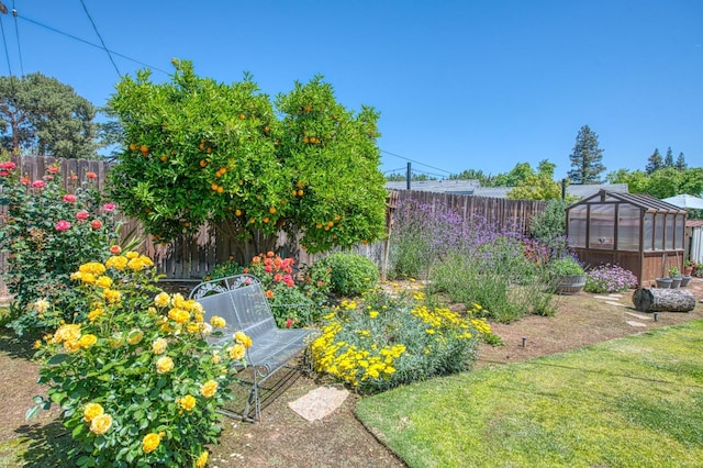 view of yard featuring a fenced backyard, an outdoor structure, and an exterior structure