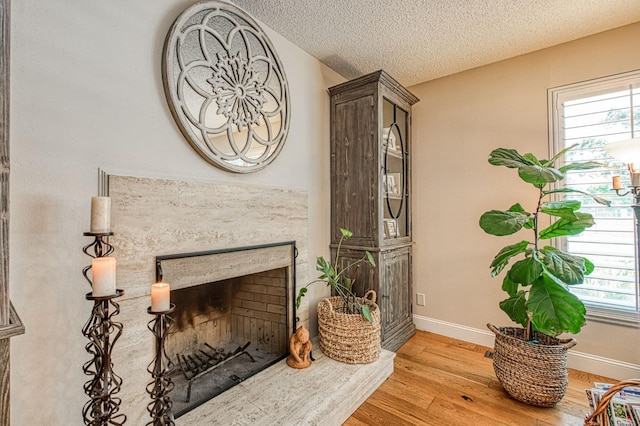 details with baseboards, a premium fireplace, a textured ceiling, and wood finished floors