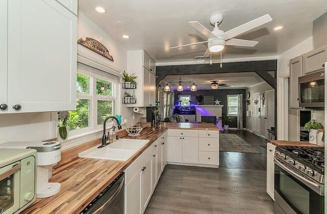 528 W Yale Ave, Fresno, CA 93705 - kitchen featuring butcher block countertops, a healthy amount of sunlight, ceiling fan, a sink, and appliances with stainless steel finishes