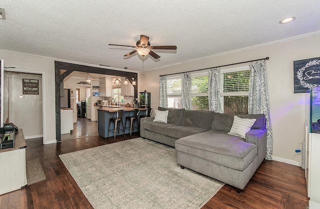 528 W Yale Ave, Fresno, CA 93705 - living area with a ceiling fan, crown molding, and dark wood-type flooring