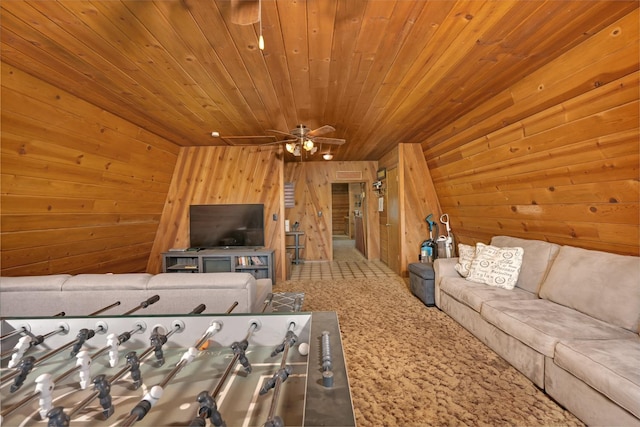 39090 Woodland Rd, Shaver Lake, CA 93664 - recreation room with wooden walls, carpet flooring, wood ceiling, and a ceiling fan