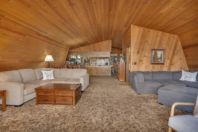 39090 Woodland Rd, Shaver Lake, CA 93664 - carpeted living area with lofted ceiling, wooden walls, and wood ceiling