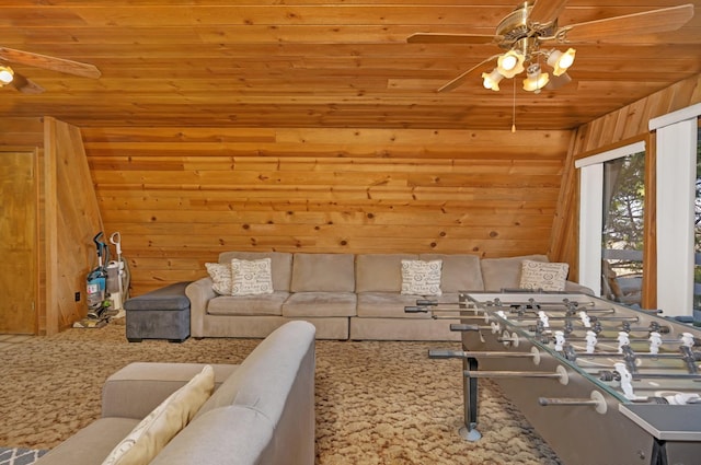 39090 Woodland Rd, Shaver Lake, CA 93664 - living room with a ceiling fan, wooden walls, and wooden ceiling