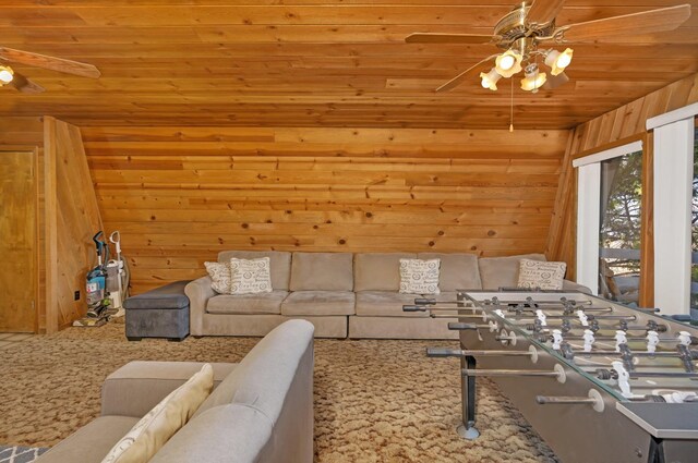 39090 Woodland Rd, Shaver Lake, CA 93664 - living room with a ceiling fan, wooden walls, and wooden ceiling