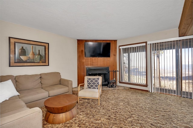 39090 Woodland Rd, Shaver Lake, CA 93664 - carpeted living room with a fireplace, a textured ceiling, and wooden walls