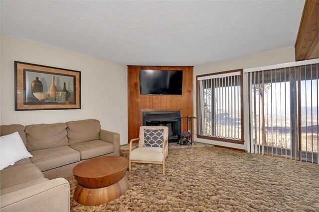 39090 Woodland Rd, Shaver Lake, CA 93664 - carpeted living room with a fireplace, a textured ceiling, and wooden walls