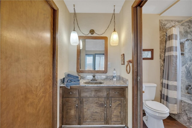 39090 Woodland Rd, Shaver Lake, CA 93664 - bathroom featuring toilet, a shower with shower curtain, vanity, and wood finished floors