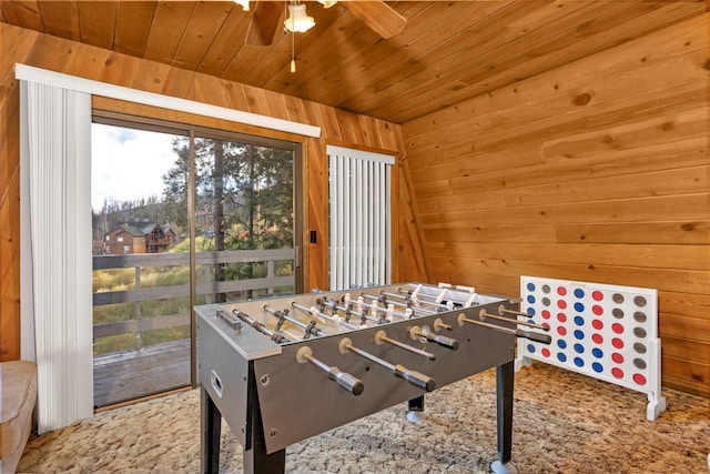 39090 Woodland Rd, Shaver Lake, CA 93664 - playroom with wooden walls, wooden ceiling, and a ceiling fan