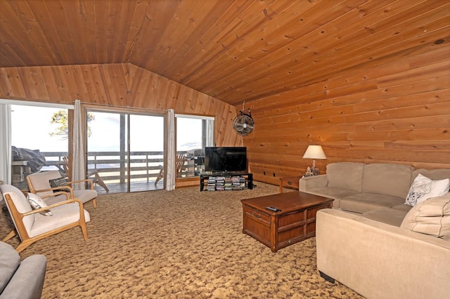 39090 Woodland Rd, Shaver Lake, CA 93664 - living area with wood walls, lofted ceiling, carpet, and wooden ceiling