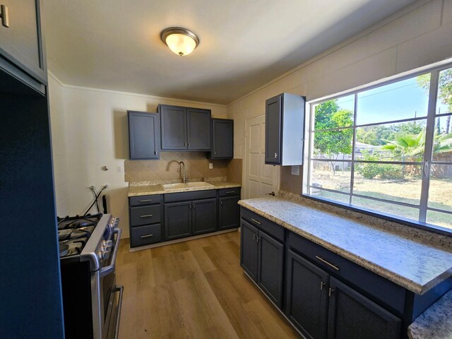 155 E Hampton Way, Fresno, CA 93704 - kitchen featuring refrigerator, high end range, a sink, wood finished floors, and light countertops