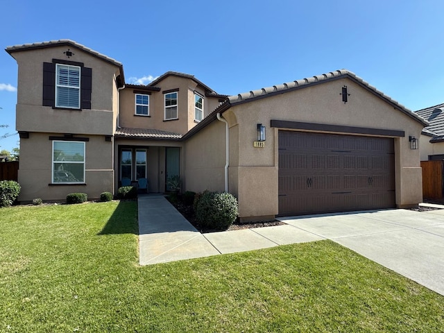 1885 N Whitehorse, Clovis, CA 93619 - view of front of home with driveway, an attached garage, stucco siding, a tile roof, and a front yard