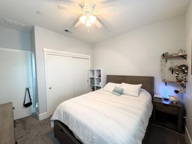 1885 N Whitehorse, Clovis, CA 93619 - bedroom featuring a closet, visible vents, ceiling fan, and carpet floors