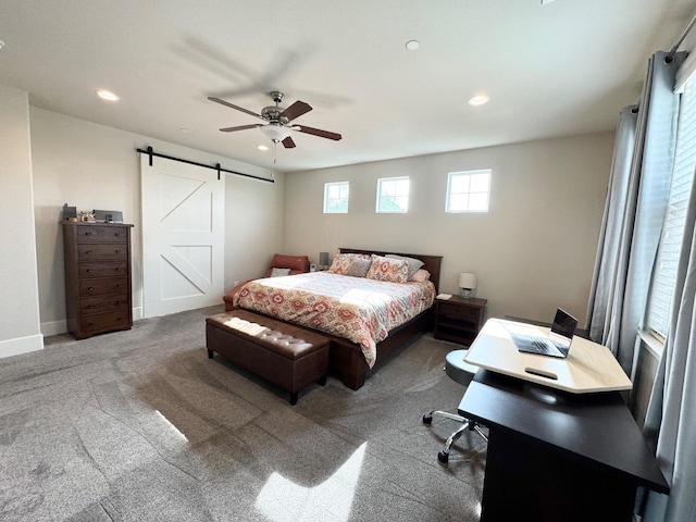 1885 N Whitehorse, Clovis, CA 93619 - bedroom featuring recessed lighting, ceiling fan, a barn door, and carpet