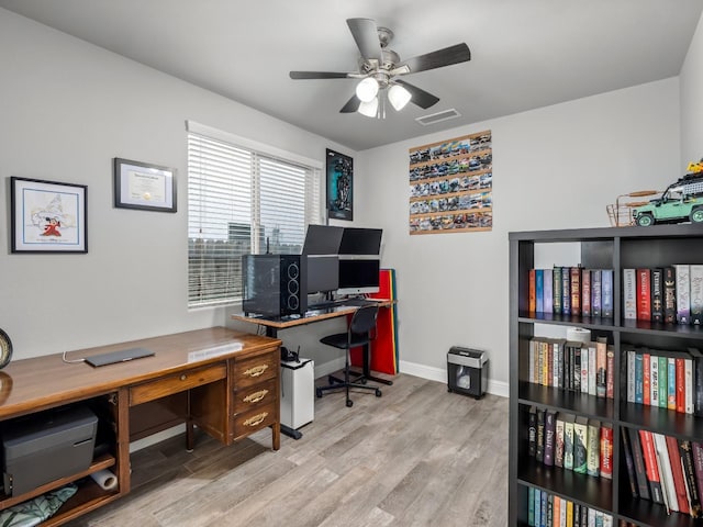 office with ceiling fan, baseboards, visible vents, and wood finished floors