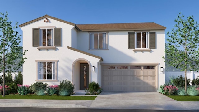 view of front facade featuring concrete driveway, stucco siding, an attached garage, and fence